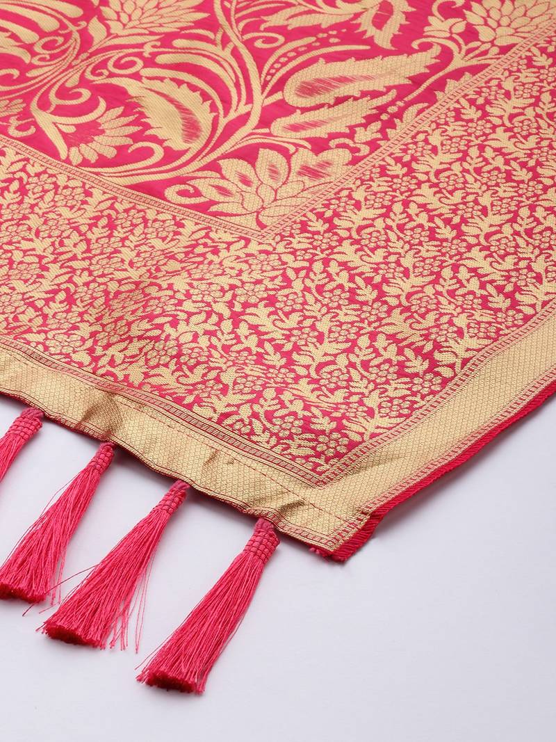 VASTRANAND Pink & Gold-Toned Woven Design Dupatta