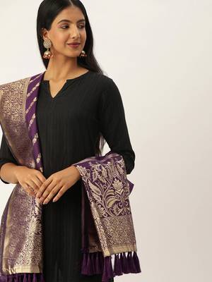 VASTRANAND Purple & Gold-Toned Woven Design Dupatta 1