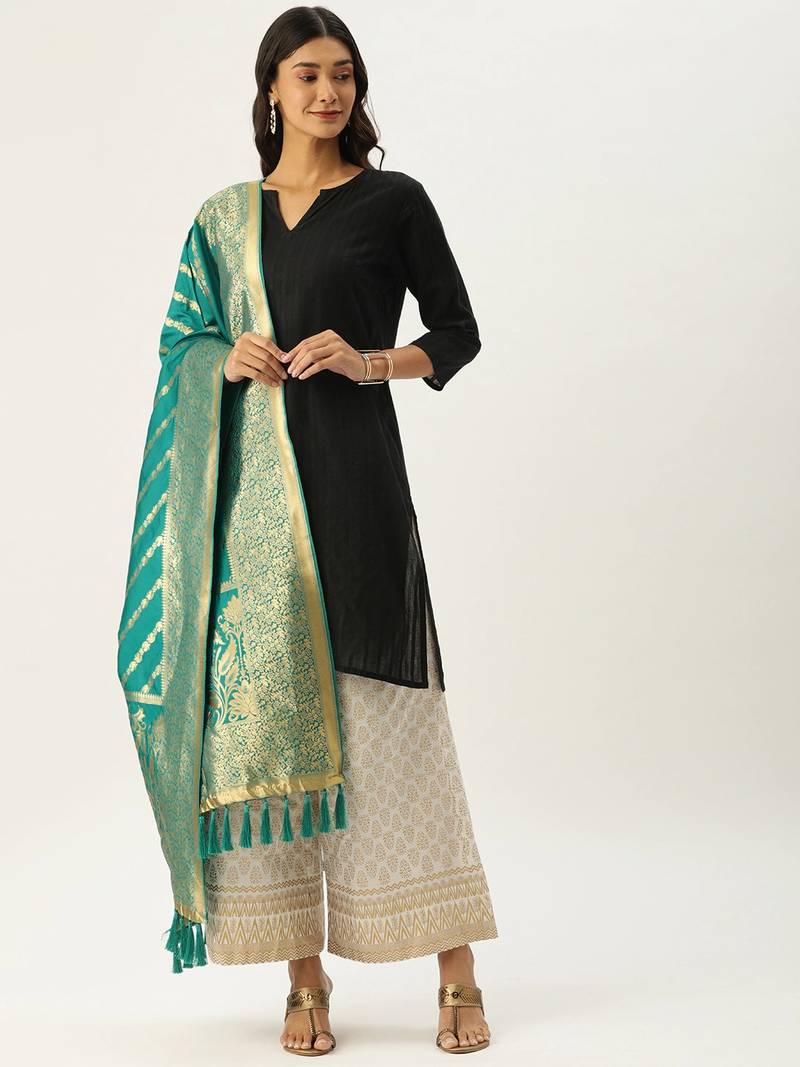 VASTRANAND Teal Green & Gold-Toned Woven Design Dupatta