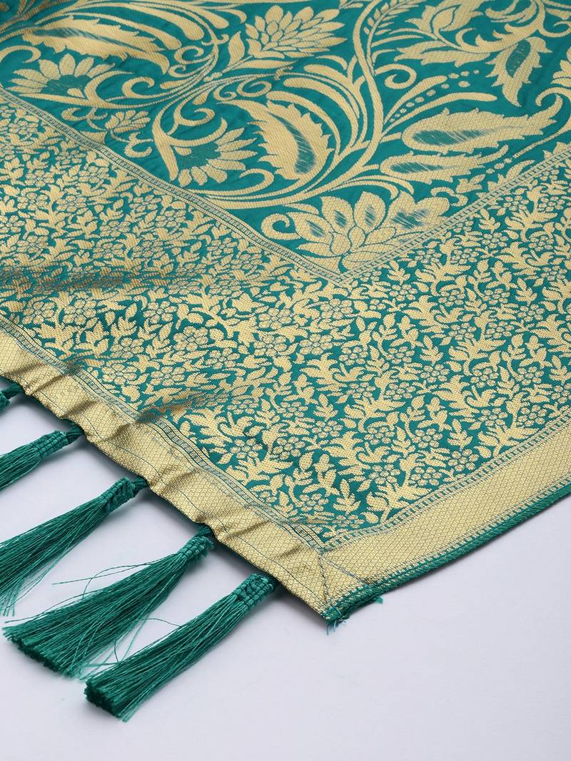 VASTRANAND Teal Green & Gold-Toned Woven Design Dupatta