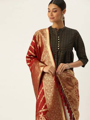 VASTRANAND Red & Gold-Coloured Woven Design Dupatta 1