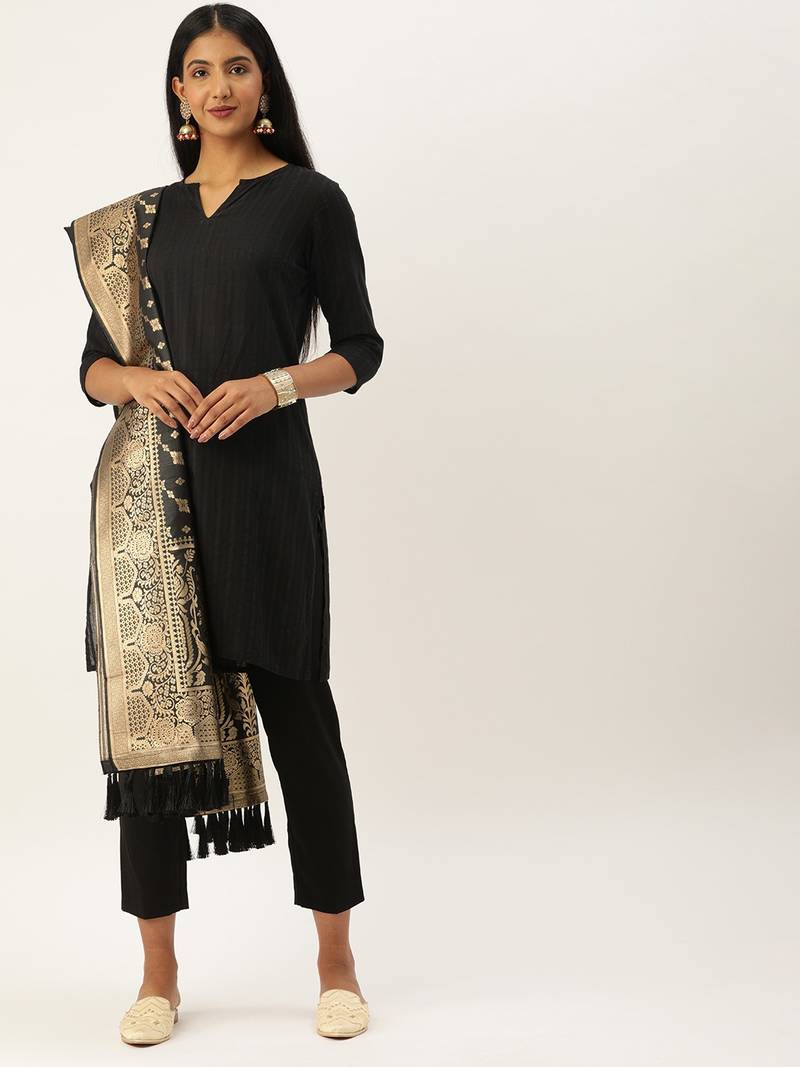 VASTRANAND Black & Gold-Toned Woven Design Dupatta