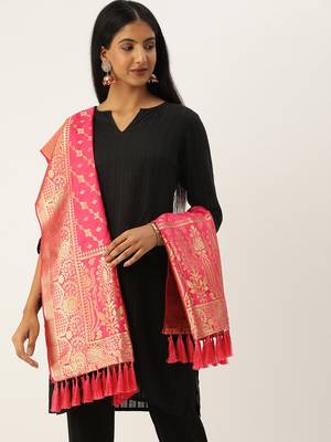 VASTRANAND Pink & Gold-Toned Woven Design Dupatta 1
