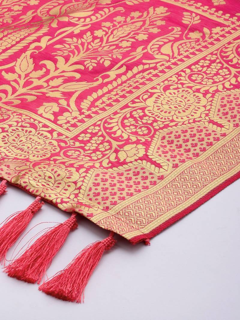 VASTRANAND Pink & Gold-Toned Woven Design Dupatta