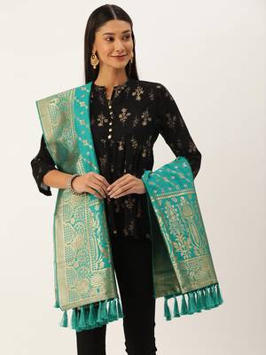 VASTRANAND Teal & Gold-Toned Woven Design Dupatta 1