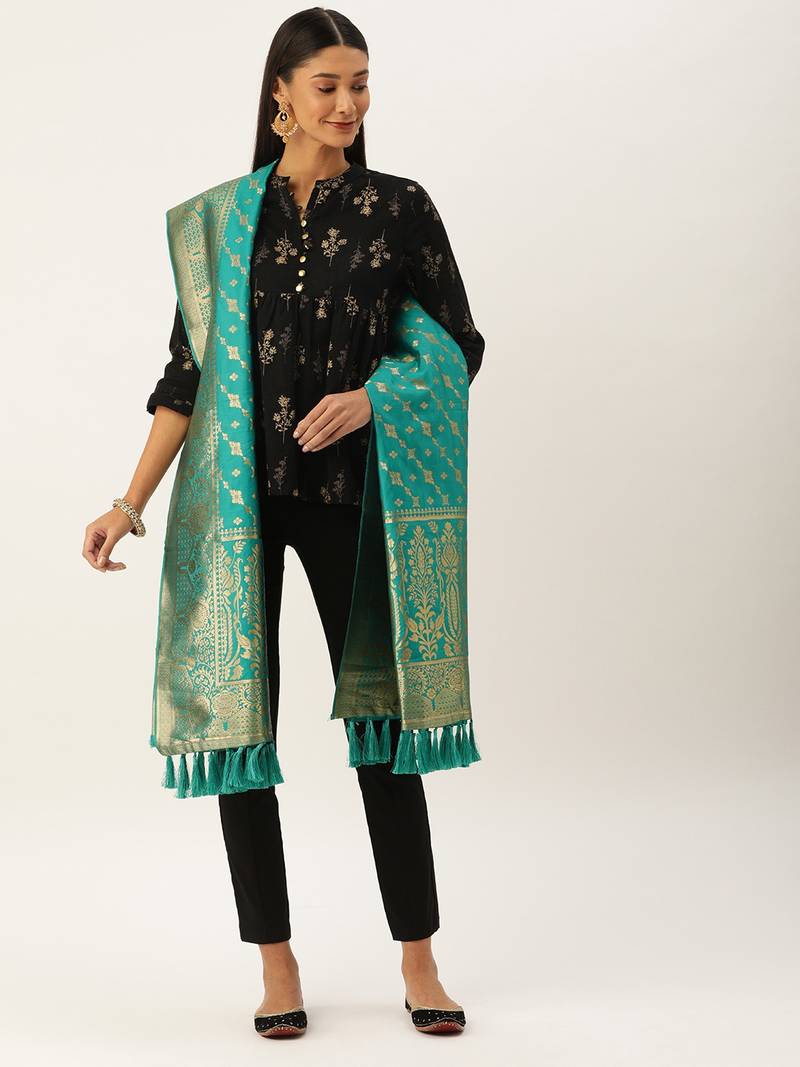 VASTRANAND Teal & Gold-Toned Woven Design Dupatta