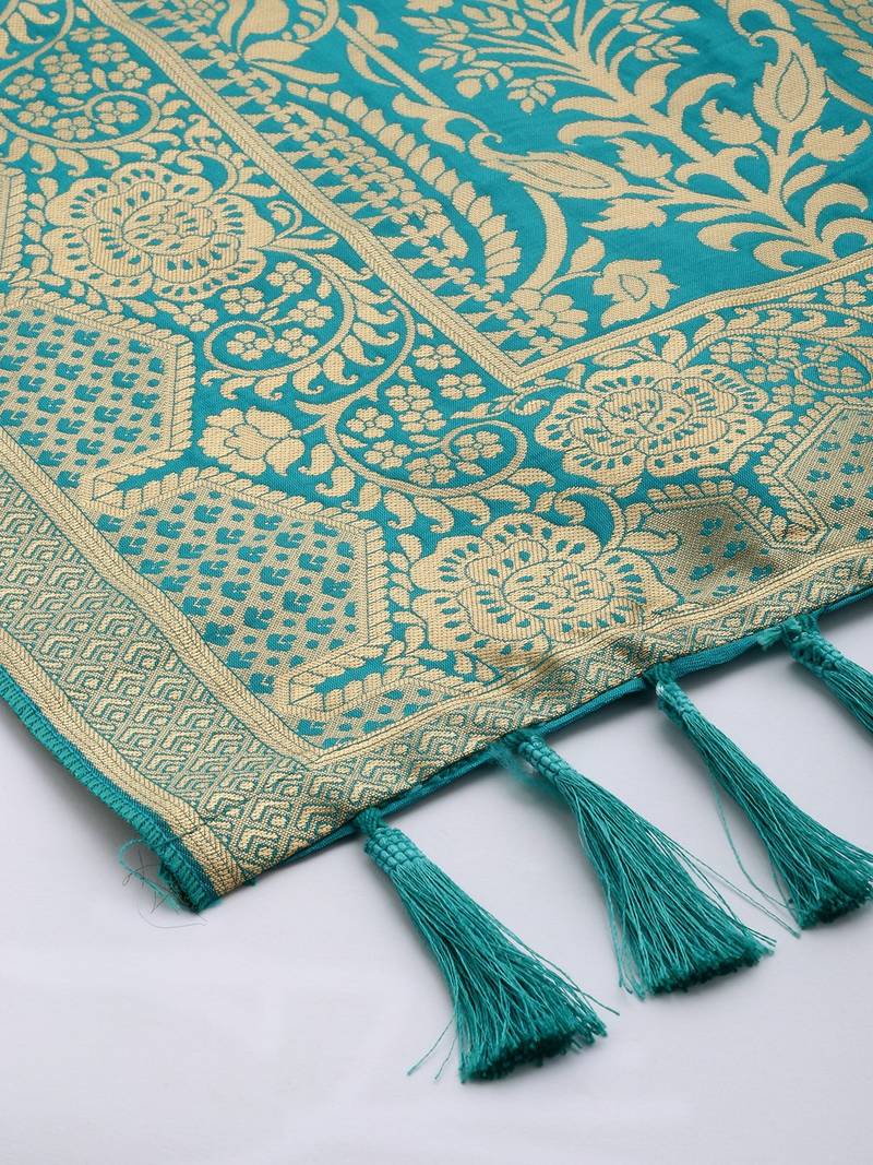 VASTRANAND Teal & Gold-Toned Woven Design Dupatta