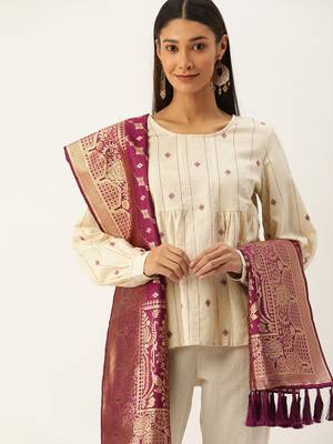 VASTRANAND Burgundy & Gold-Toned Woven Design Dupatta 1