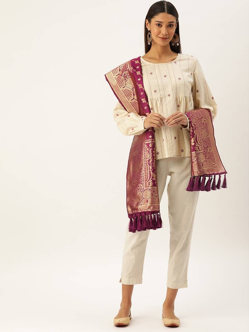 VASTRANAND Burgundy & Gold-Toned Woven Design Dupatta