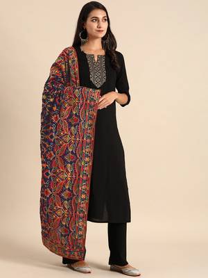 VASTRANAND Navy Blue & Red Embroidered Dupatta 1