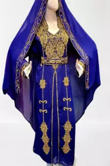 Blue Zari Stone Work Georgette Islamic Style Beads Embedded Partywear Kaftan Long Gown Evening wear Dubai kaftan