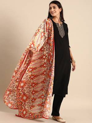 VASTRANAND White & Orange Embroidered Dupatta 1