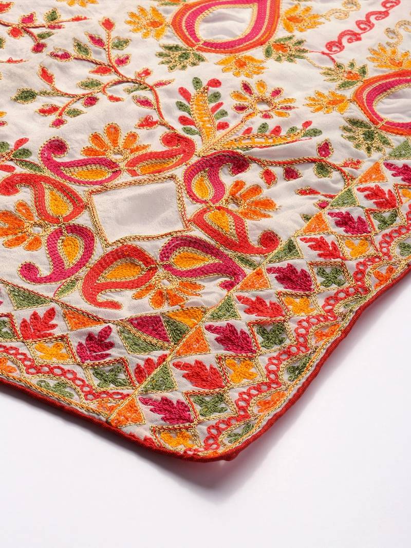 VASTRANAND White & Orange Embroidered Dupatta