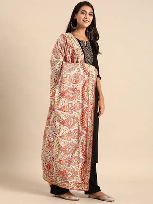 VASTRANAND White & Orange Embroidered Dupatta 1