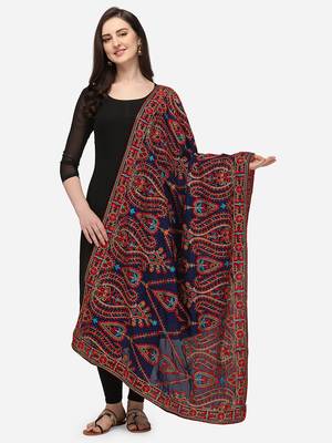 VASTRANAND Navy Blue & Red Ethnic Motifs Embroidered Dupatta 1