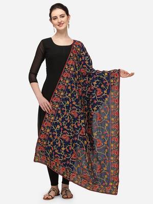 VASTRANAND Navy Blue & Green Ethnic Motifs Embroidered Dupatta with Thread Work 1