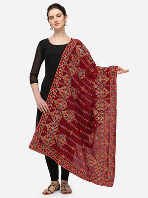 VASTRANAND Maroon & Orange Ethnic Motifs Embroidered Dupatta with Thread Work 1