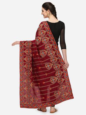 VASTRANAND Maroon & Orange Ethnic Motifs Embroidered Dupatta with Thread Work 3