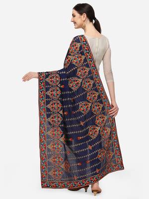 VASTRANAND Navy Blue & Red Ethnic Motifs Embroidered Dupatta with Thread Work 3