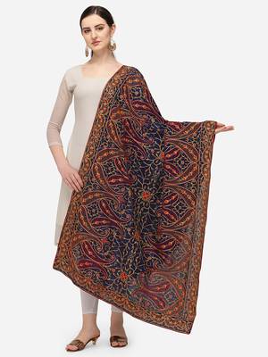 VASTRANAND Navy Blue & Orange Ethnic Motifs Embroidered Dupatta with Thread Work 1