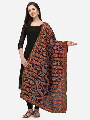 VASTRANAND Navy Blue & Red Ethnic Motifs Embroidered Dupatta with Thread Work 1