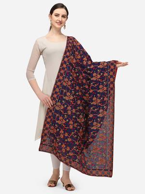 VASTRANAND Navy Blue & Orange Ethnic Motifs Embroidered Dupatta with Thread Work 1