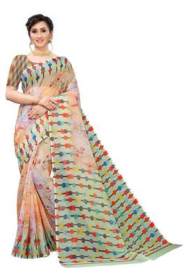 Multicolor Digital Print Pure Linen Cotton Saree with Blouse Piece 1