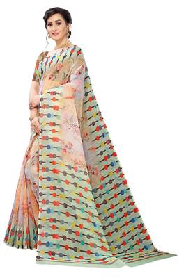 Multicolor Digital Print Pure Linen Cotton Saree with Blouse Piece 2