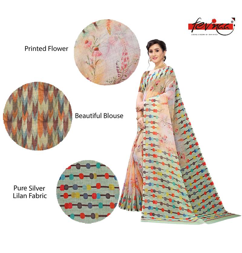 Multicolor Digital Print Pure Linen Cotton Saree with Blouse Piece