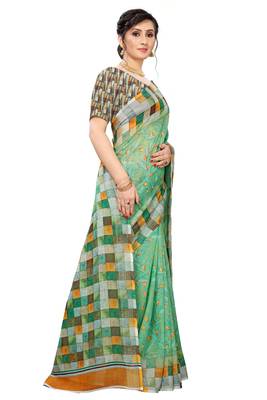 Multicolor Digital Print Pure Linen Cotton Saree with Blouse Piece 4