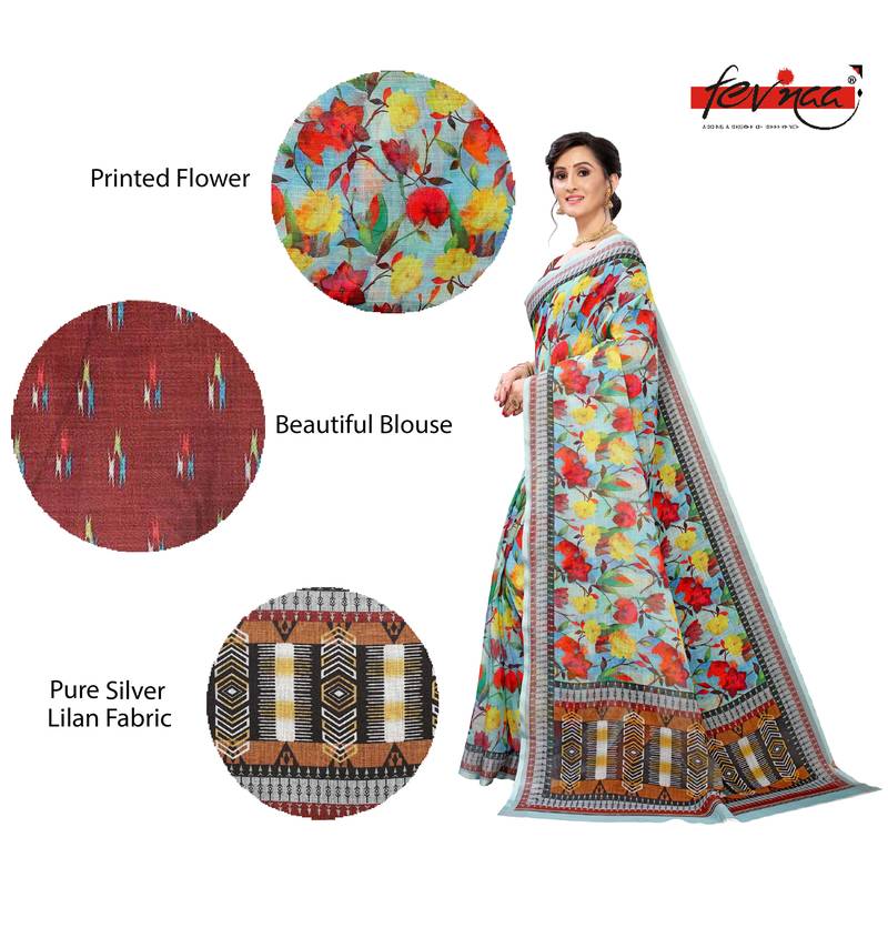 Multicolor Digital Print Pure Linen Cotton Saree with Blouse Piece