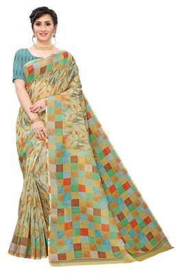 Multicolor Digital Print Pure Linen Cotton Saree with Blouse Piece 1