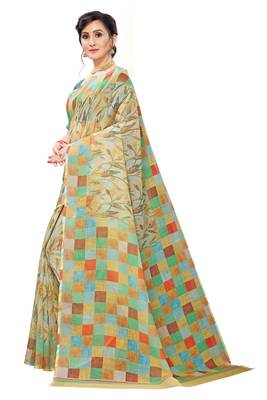 Multicolor Digital Print Pure Linen Cotton Saree with Blouse Piece 2