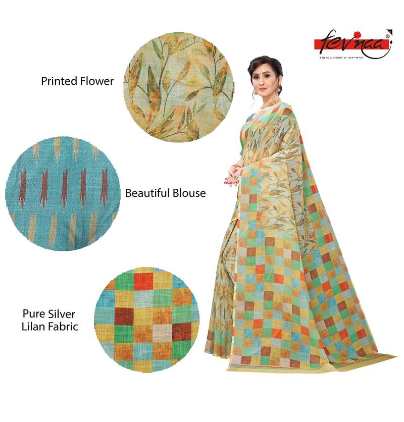 Multicolor Digital Print Pure Linen Cotton Saree with Blouse Piece