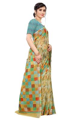 Multicolor Digital Print Pure Linen Cotton Saree with Blouse Piece 4