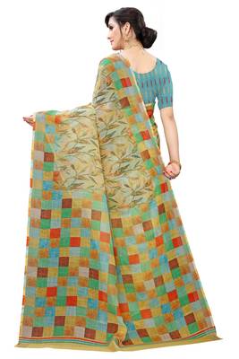 Multicolor Digital Print Pure Linen Cotton Saree with Blouse Piece 5