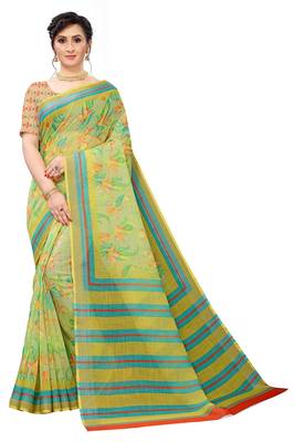 Multicolor Digital Print Pure Linen Cotton Saree with Blouse Piece 1