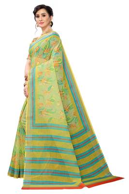 Multicolor Digital Print Pure Linen Cotton Saree with Blouse Piece 2