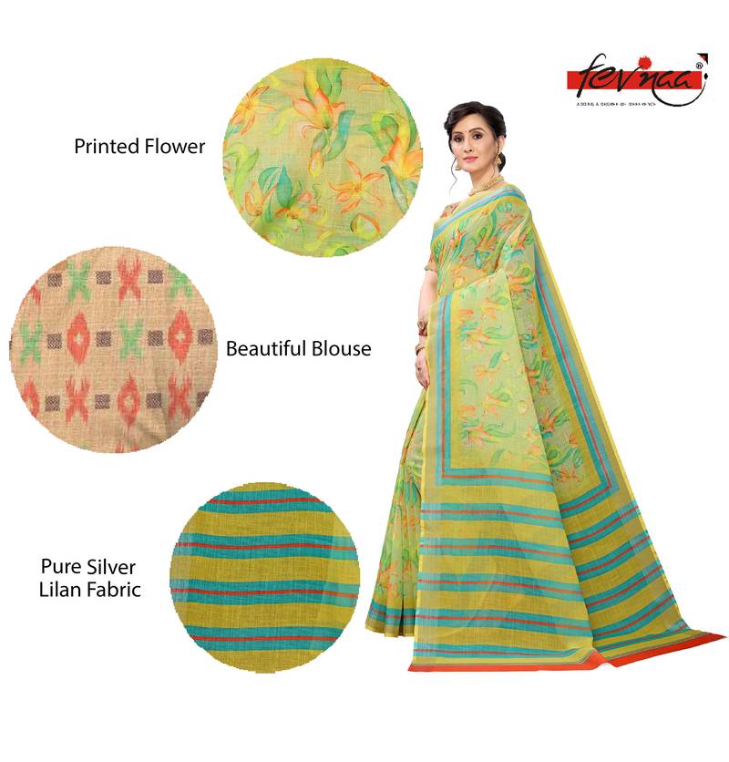 Multicolor Digital Print Pure Linen Cotton Saree with Blouse Piece