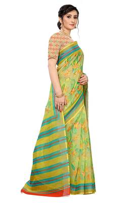 Multicolor Digital Print Pure Linen Cotton Saree with Blouse Piece 4
