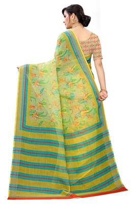 Multicolor Digital Print Pure Linen Cotton Saree with Blouse Piece 5