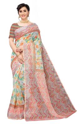 Multicolor Digital Print Pure Linen Cotton Saree with Blouse Piece 1