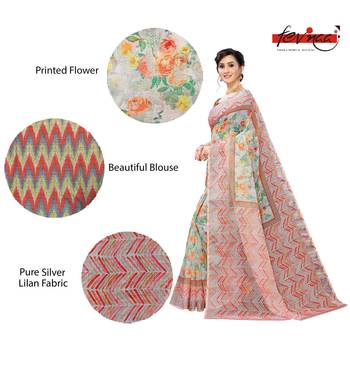 Multicolor Digital Print Pure Linen Cotton Saree with Blouse Piece 3