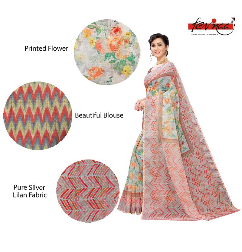 Multicolor Digital Print Pure Linen Cotton Saree with Blouse Piece