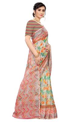 Multicolor Digital Print Pure Linen Cotton Saree with Blouse Piece 4