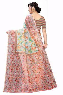 Multicolor Digital Print Pure Linen Cotton Saree with Blouse Piece 5