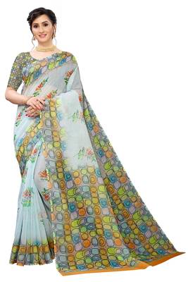 Multicolor Digital Print Pure Linen Cotton Saree with Blouse Piece 1