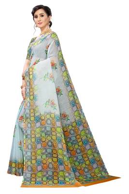 Multicolor Digital Print Pure Linen Cotton Saree with Blouse Piece 2