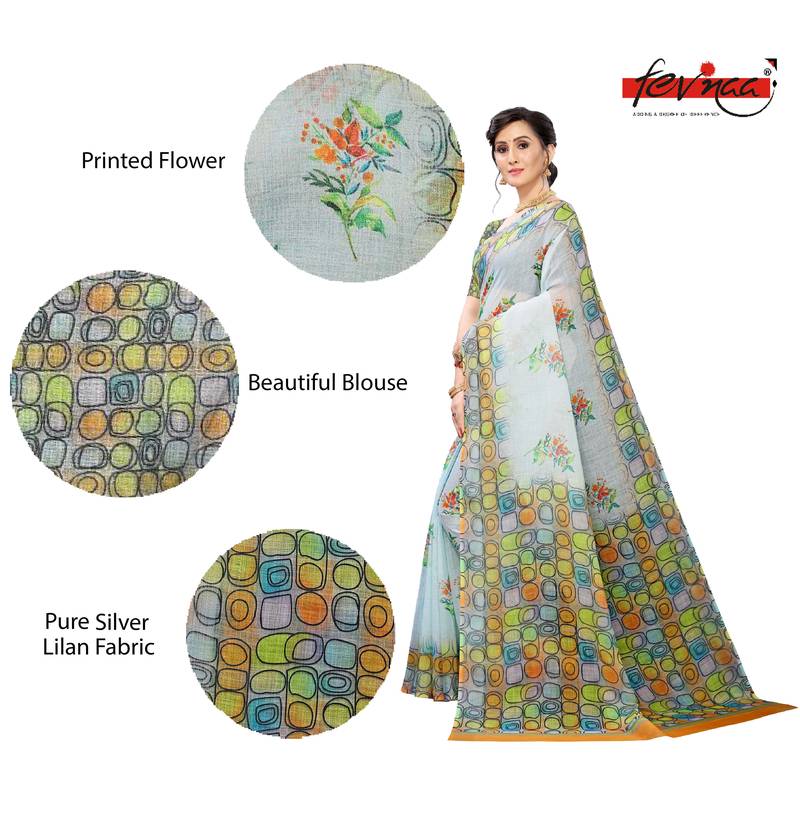 Multicolor Digital Print Pure Linen Cotton Saree with Blouse Piece