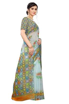 Multicolor Digital Print Pure Linen Cotton Saree with Blouse Piece 4